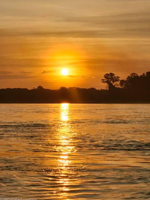 Fiery orange sunset mirrored in the broad Amazon river with dark jungle silhouette on the horizon