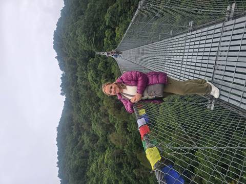 Woman stands on a long metal suspension bridge over a forested valley, prayer flags on the rail.