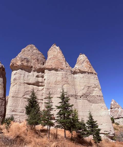 tall cream-coloured fairy chimneys against deep blue sky in Cappadocia