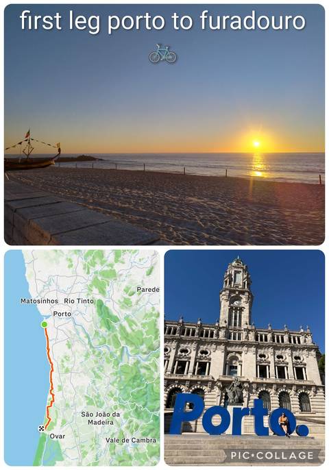 Collage showing a sandy beach sunset, regional map, and clock tower