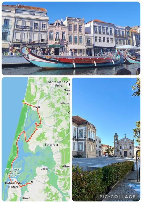 Collage combining a traditional boat, cycling route map and blue-sky streetscape