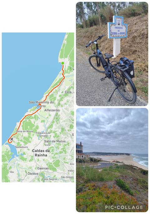 Collage with cycling route map, bicycle close-up and cloudy coastal view