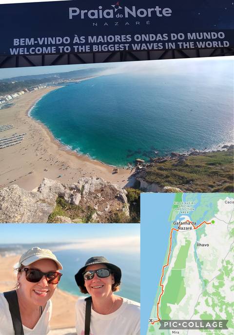 High coastal cliff view over beach with small embedded route map overlay