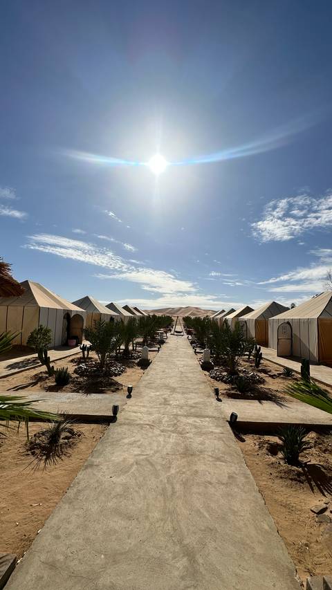 Neatly lined luxury tents face a desert dune under a wide blue sky.