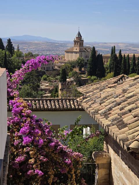 Bougainvillea framing tiled rooftops and leafy gardens of historic Andalusian city.