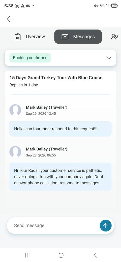 Screenshot of a messaging interface showing text bubbles with a traveller’s request.