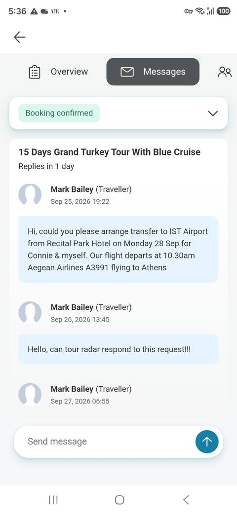 Another screenshot of a messaging interface discussing airport transfer details.