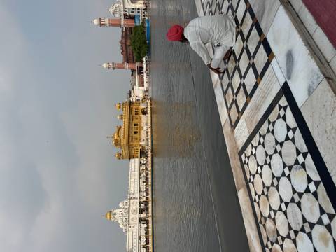 Golden Temple viewed across the sacred lake with a seated devotee on patterned marble foreground.
