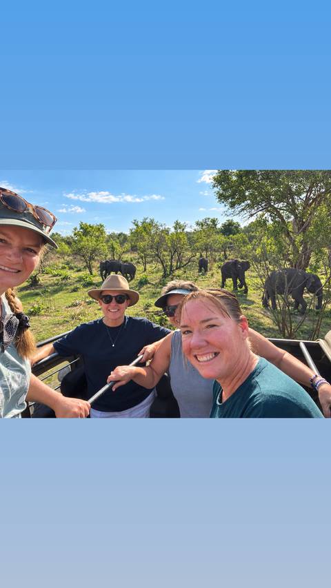 Smiling travellers in a safari jeep with several wild elephants grazing behind them.