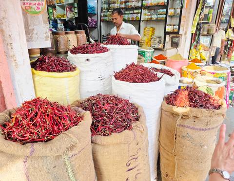 Burlap sacks brimming with bright red dried chilies at a bustling spice market stall.