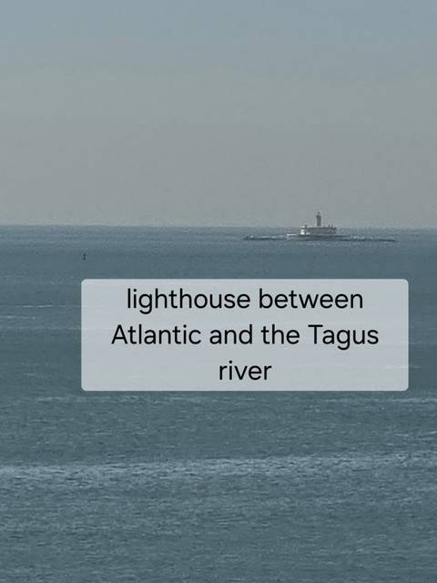 Distant lighthouse on a low rocky islet viewed across a grey sea with explanatory text overlay