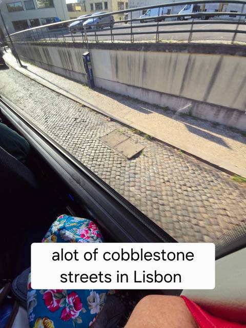 Blurred snapshot through a bus window of a cobblestone street and curb