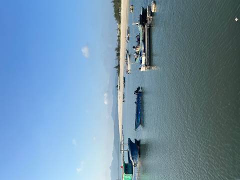 Small fishing boats float on calm blue water near a sandy shore under clear blue sky.
