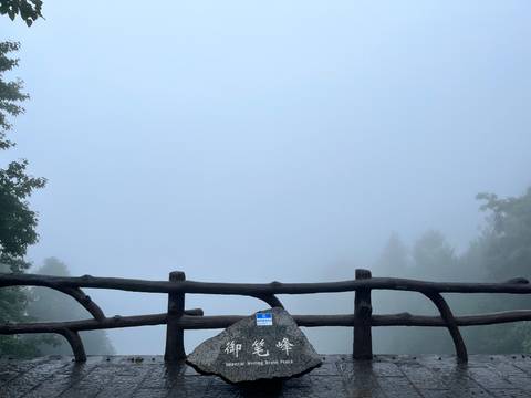 Foggy viewpoint with a wooden fence barely visible against a blank grey sky.