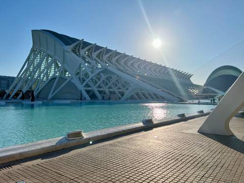 Futuristic white structure of the City of Arts and Sciences beside a turquoise reflecting pool under bright sun.