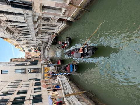 Gondoliers navigating narrow green canal flanked by historic Venetian buildings.