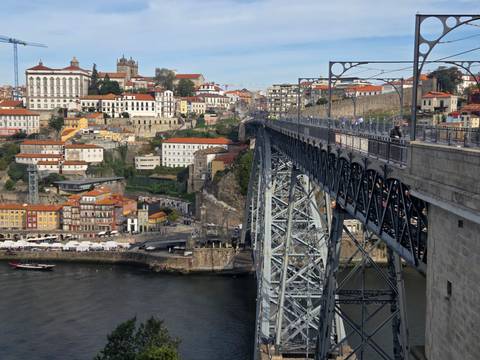 Panoramic view of Porto’s colorful riverside and the Dom Luís I Bridge spanning the Douro River.