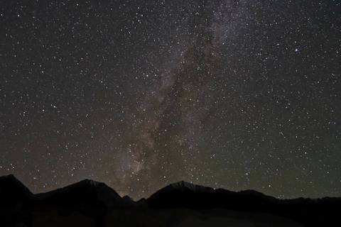 A brilliant Milky Way stretches across the night sky above silhouetted Himalayan peaks.