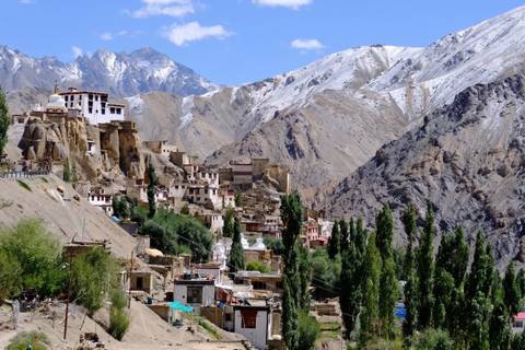 A cliff-side Himalayan village with whitewashed monasteries, green poplars and snow-dusted ridges in the background.