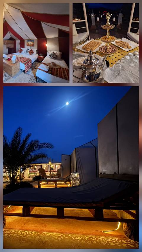 Night desert camp scene with full moon shining above canvas tents and a palm silhouette