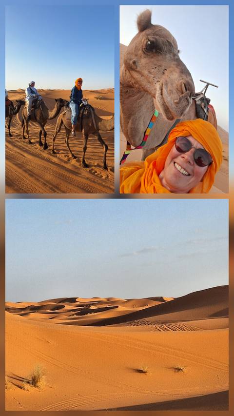 Collage showing camel caravan tracks, smiling traveler in desert attire and distant dune horizon