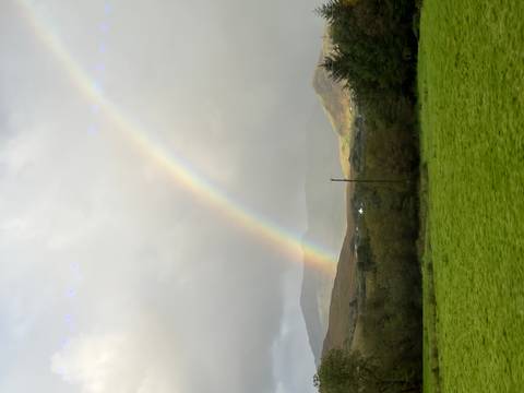 Vivid rainbow arcs over green Irish countryside with distant mountains under stormy clouds.