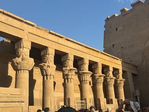 Row of sculpted Hathor-headed columns bathed in golden light at Philae Temple.