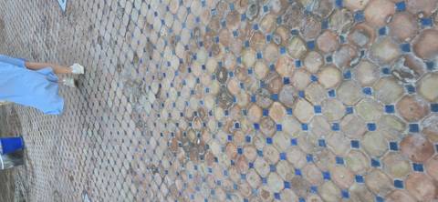 Patterned outdoor mosaic walkway with a person’s lower legs and flowing dress in motion.