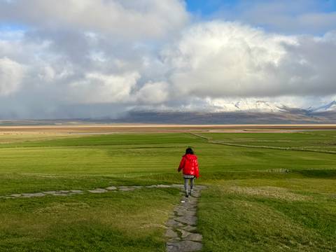 Lone hiker in a red jacket walks a stone path across vast green plains towards snowy mountains.