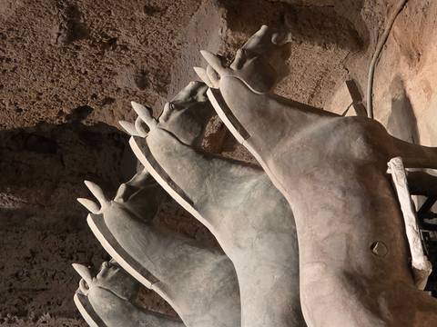 Stone Terracotta cavalry horses unearthed in a pit against a rough clay wall background.