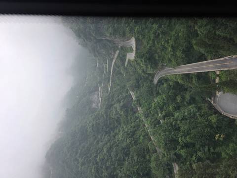 Snaking mountain road descending through lush green forest in dense mist.