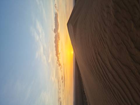 Golden sunset colours wash over rippled sand dunes on the edge of the Sahara Desert.