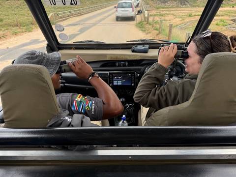 Two safari participants seated in an open vehicle using binoculars to spot wildlife.