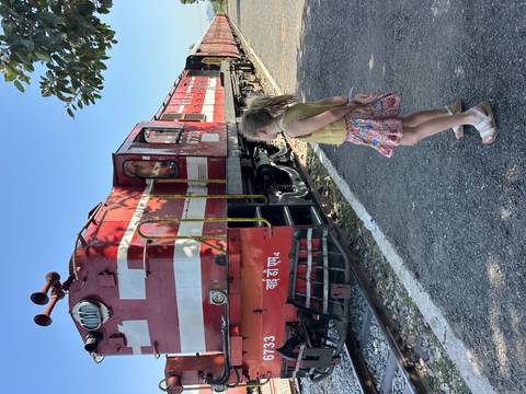 Young girl watches a red diesel locomotive on a rural railway platform under a clear sky.