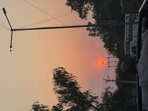An orange sun sets behind roadside power lines and trees, viewed from the back of a vehicle.