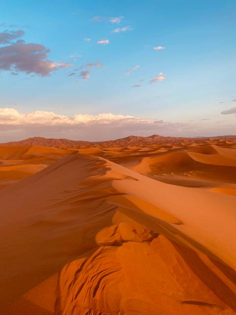 Undulating orange dunes of the Sahara stretch to the horizon beneath soft evening light and pastel clouds.