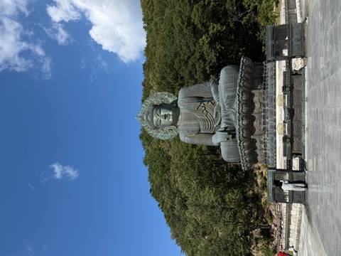 Large bronze seated Buddha statue in a mountain forest setting under a blue sky