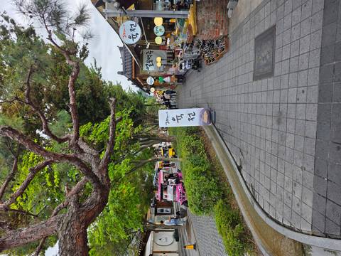 Pedestrian street in Jeonju Hanok Village lined with trees and traditional shops