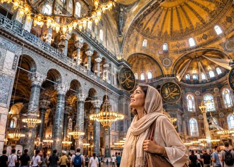 Traveller admiring ornate chandeliers and mosaics inside Hagia Sophia