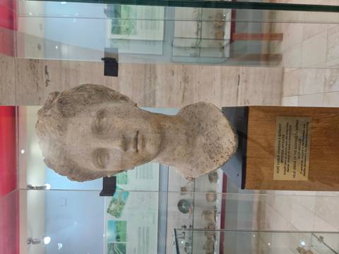 Marble head statue of the goddess in a glass museum display case with explanatory plaque.