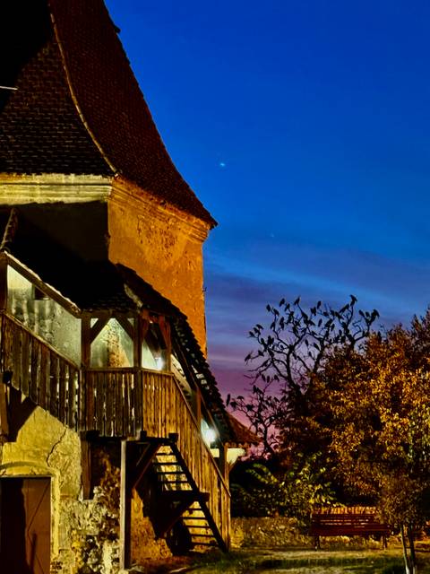 Nighttime view of rustic tower and silhouette of birds on tree against deep blue sky.