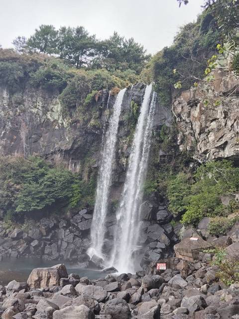 Twin streams of a tall waterfall cascade down a rocky cliff draped in green vegetation.