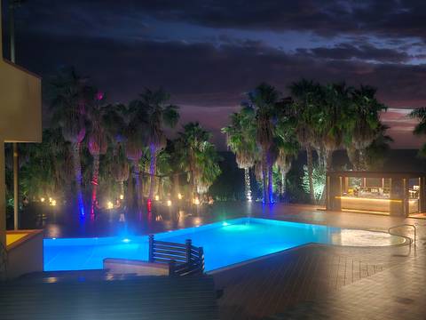 Nighttime hotel pool illuminated in blue surrounded by palm trees lit with colourful accent lights.
