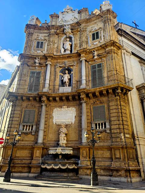 Historic baroque façade at Quattro Canti with statues, balconies and ornate stonework.