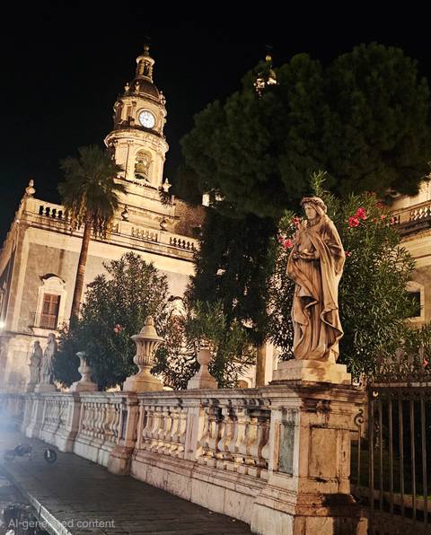 Stone statue in front of a baroque church façade at night surrounded by lush trees and flowers.