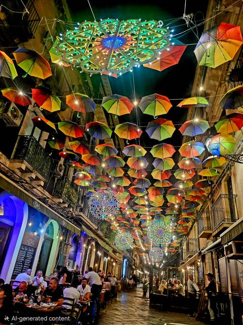 Night street scene with hundreds of colourful umbrellas hanging overhead creating a festive canopy.