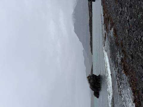 Rocky black-sand shoreline with a solitary sea stack under a gray sky.