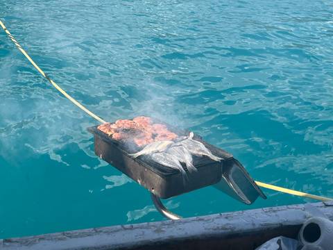 Small grill loaded with fish and meat smoking over bright turquoise sea water, likely on a boat.