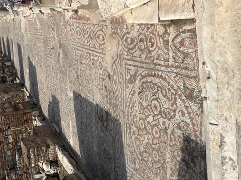 Section of ancient mosaic pavement with geometric and floral patterns in sun and shadow.