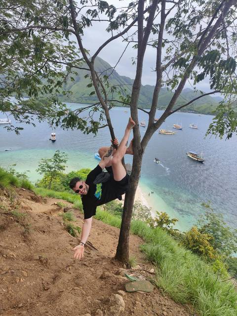 Traveler playfully hanging from a tree on a hill overlooking turquoise bays filled with boats.